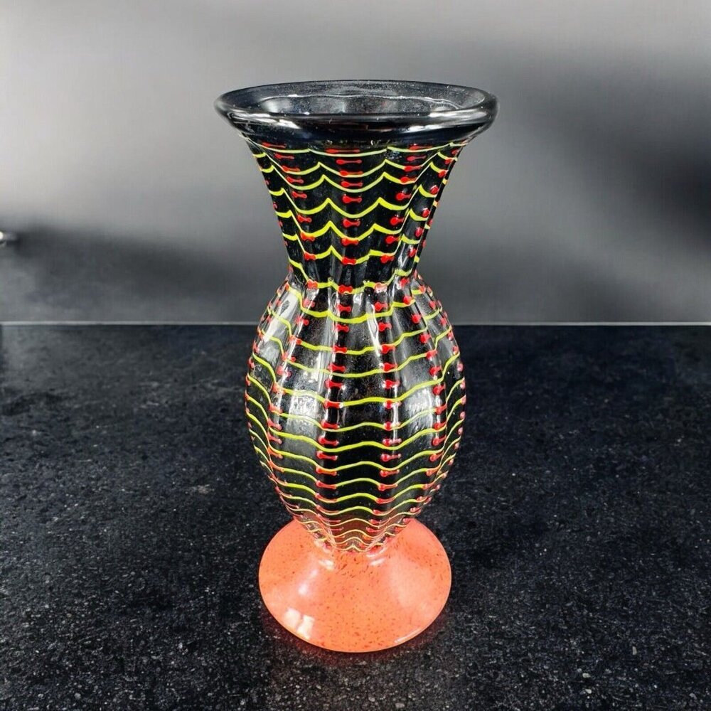 Hand Blown Studio Art Glass Vase Halloween‎ Decor Artist Signed Red Black Spider